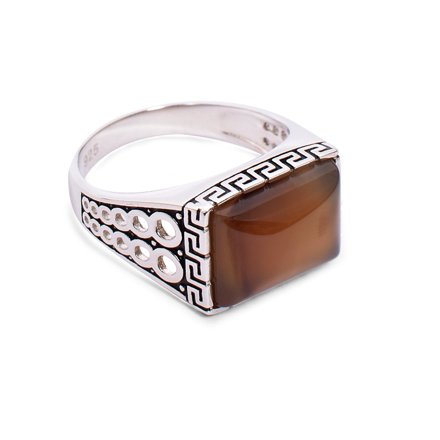 Men's Silver Ring – Smoky Brown Quartz with Greek Key Design