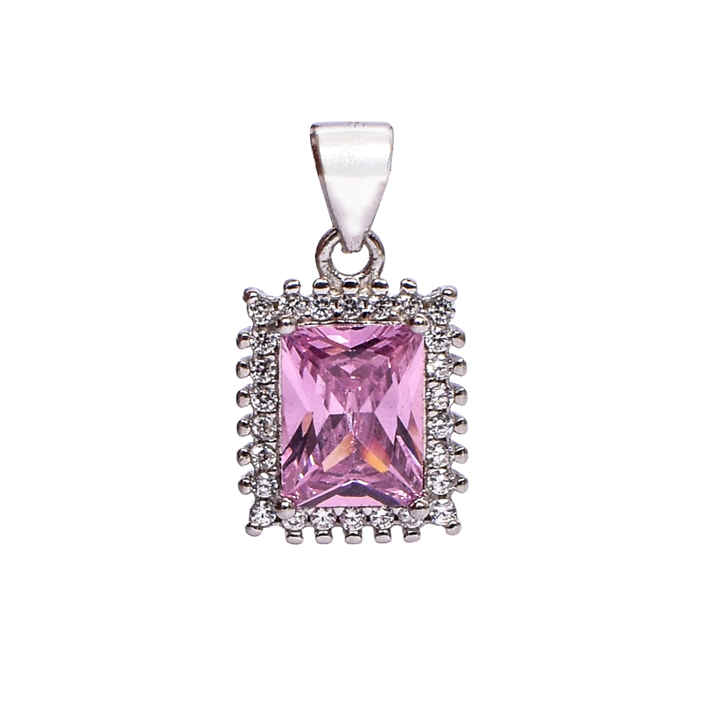 Women’s Silver Pendant Set – Pink Gemstone Rectangle Motif with Pavé Accents (Pendant 1.2 cm, Earrings 2 cm)