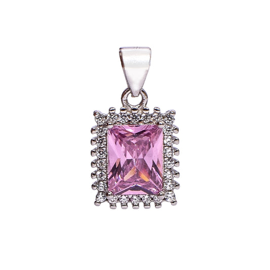 Women’s Silver Pendant Set – Pink Gemstone Rectangle Motif with Pavé Accents (Pendant 1.2 cm, Earrings 2 cm)