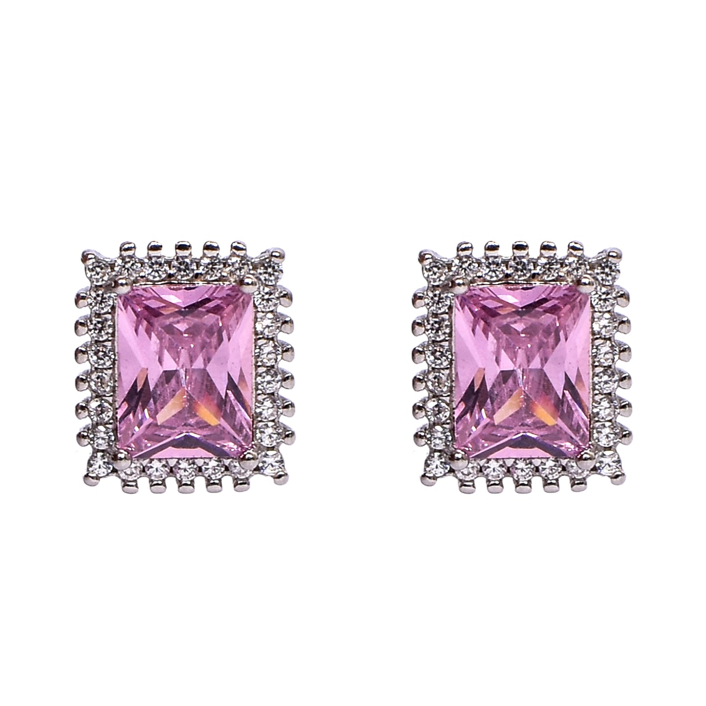 Women’s Silver Pendant Set – Pink Gemstone Rectangle Motif with Pavé Accents (Pendant 1.2 cm, Earrings 2 cm)