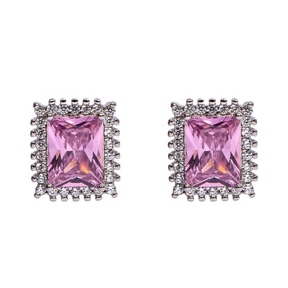 Women’s Silver Pendant Set – Pink Gemstone Rectangle Motif with Pavé Accents (Pendant 1.2 cm, Earrings 2 cm)