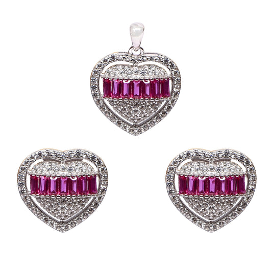 Women’s Silver Pendant Set – Ruby Pink Heart Motif with Pavé Accents (Pendant 2 cm, Earrings 1.5 cm)