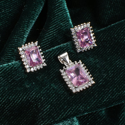 Women’s Silver Pendant Set – Pink Gemstone Rectangle Motif with Pavé Accents (Pendant 1.2 cm, Earrings 2 cm)