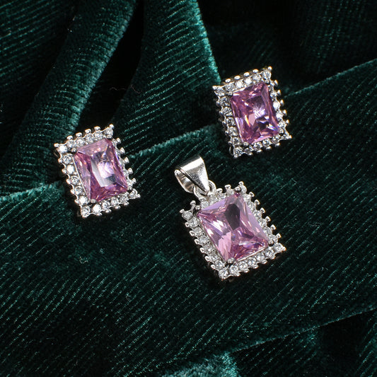 Women’s Silver Pendant Set – Pink Gemstone Rectangle Motif with Pavé Accents (Pendant 1.2 cm, Earrings 2 cm)