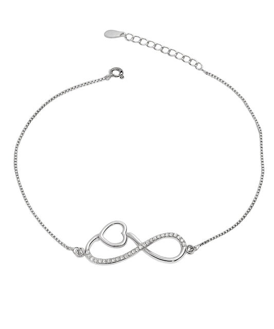 Girls' Silver Anklet Pair – Cubic Zirconia Accents (Size 9.5–10.4 inch)