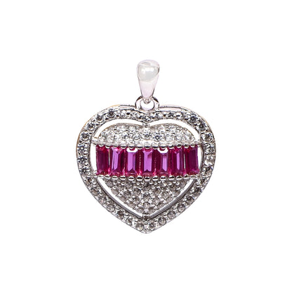 Women’s Silver Pendant Set – Ruby Pink Heart Motif with Pavé Accents (Pendant 2 cm, Earrings 1.5 cm)