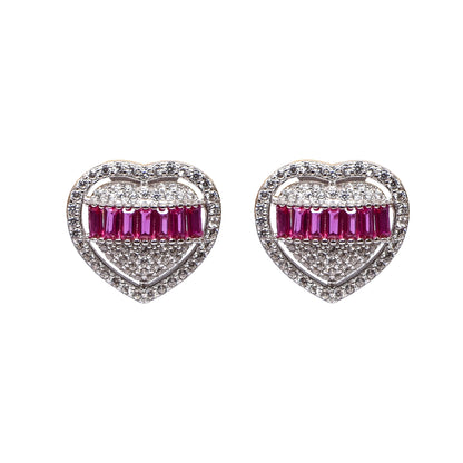 Women’s Silver Pendant Set – Ruby Pink Heart Motif with Pavé Accents (Pendant 2 cm, Earrings 1.5 cm)