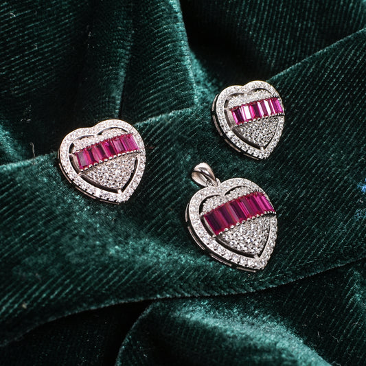 Women’s Silver Pendant Set – Ruby Pink Heart Motif with Pavé Accents (Pendant 2 cm, Earrings 1.5 cm)
