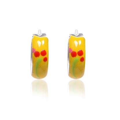 Kids Silver Earrings – Yellow Floral Hoop Design (1.3 cm)