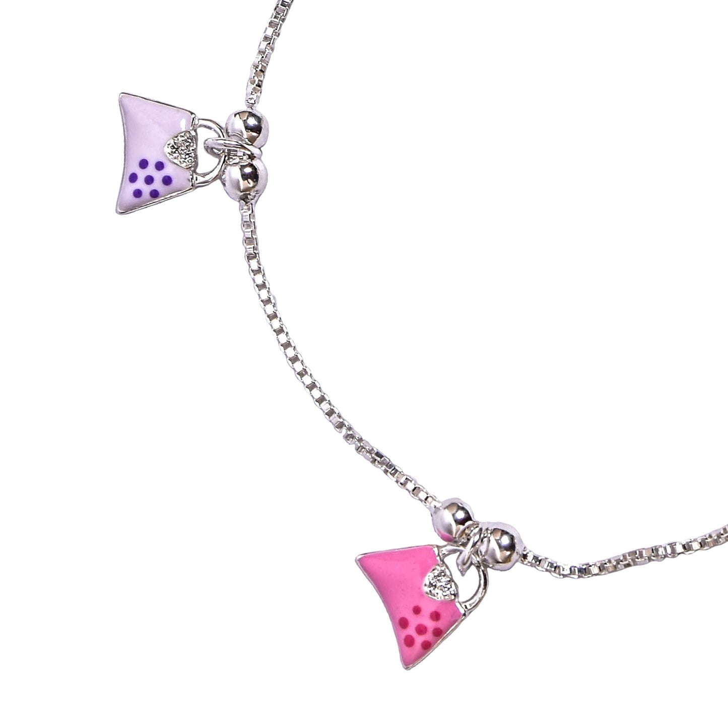 Kids Silver Charm Anklet – Pink & Mauve Handbag Design (17 cm)