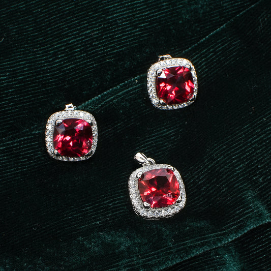 Red Cushion-Cut Pendant Set – Halo Sparkle for Women (Pendant 2 cm | Earrings 1.4 cm)