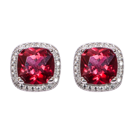 Red Cushion-Cut Pendant Set – Halo Sparkle for Women (Pendant 2 cm | Earrings 1.4 cm)