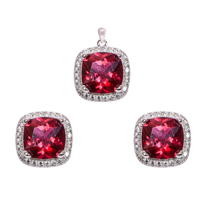 Red Cushion-Cut Pendant Set – Halo Sparkle for Women (Pendant 2 cm | Earrings 1.4 cm)