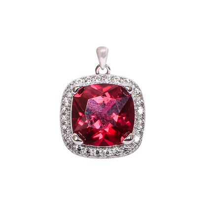 Red Cushion-Cut Pendant Set – Halo Sparkle for Women (Pendant 2 cm | Earrings 1.4 cm)