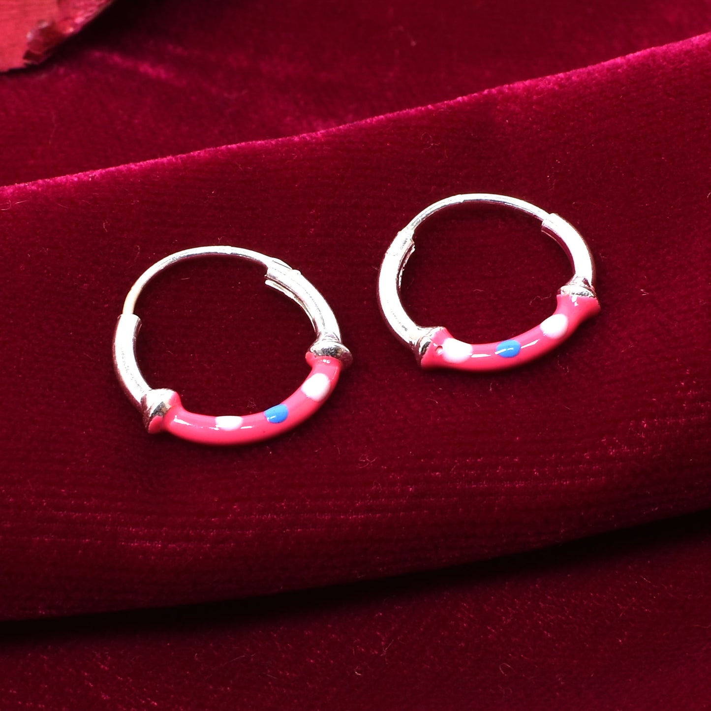 Kids Silver Earrings – Pink Hoop with White & Blue Dots (1.3 cm)