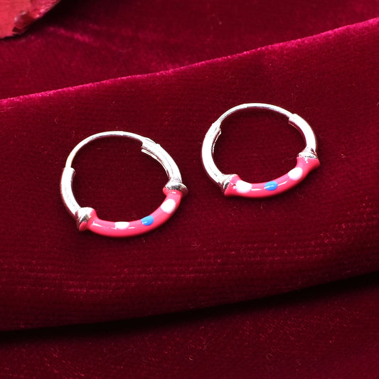 Kids Silver Earrings – Pink Hoop with White & Blue Dots (1.3 cm)