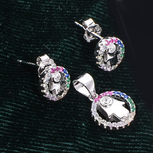 Multicolour Hamsa Pendant Set – Symbolic Elegance for Women (Pendant 1.5 cm | Earrings 0.75 cm)