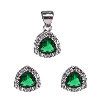 Green Triangle Gemstone Pendant Set – Elegant Halo Design (Pendant 1.75 cm | Earrings 1 cm)