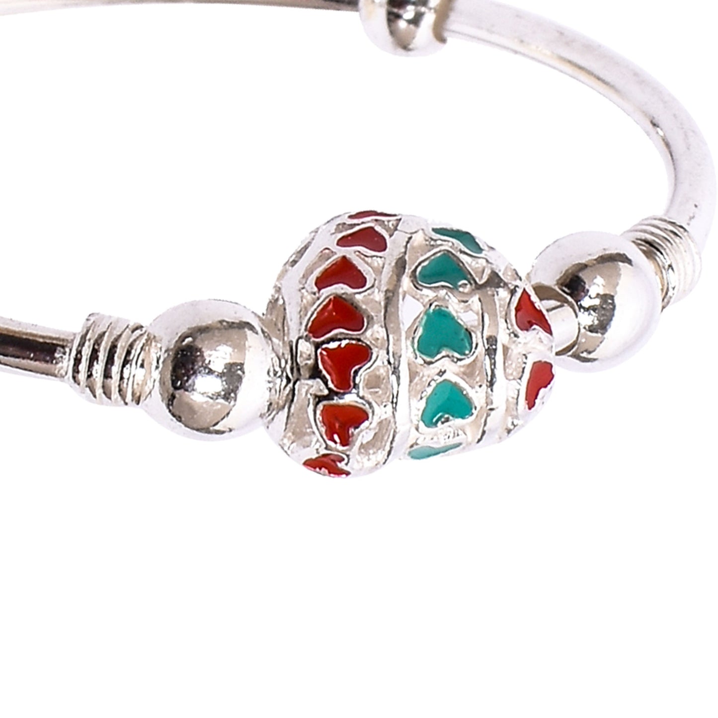 Kids Silver Kada – Red & Turquoise Heart Bead Design (Standard Size)