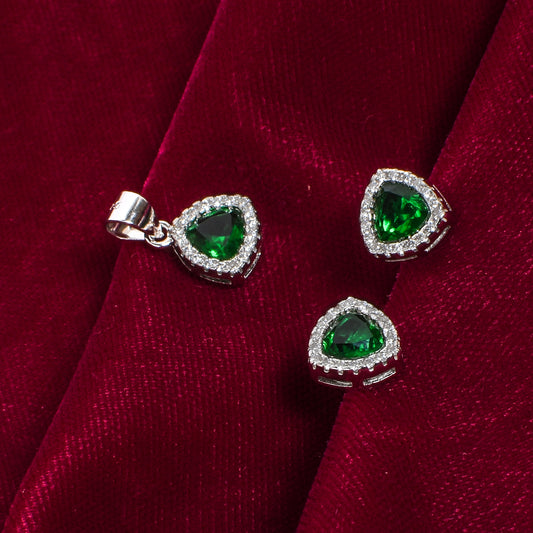 Green Triangle Gemstone Pendant Set – Elegant Halo Design (Pendant 1.75 cm | Earrings 1 cm)