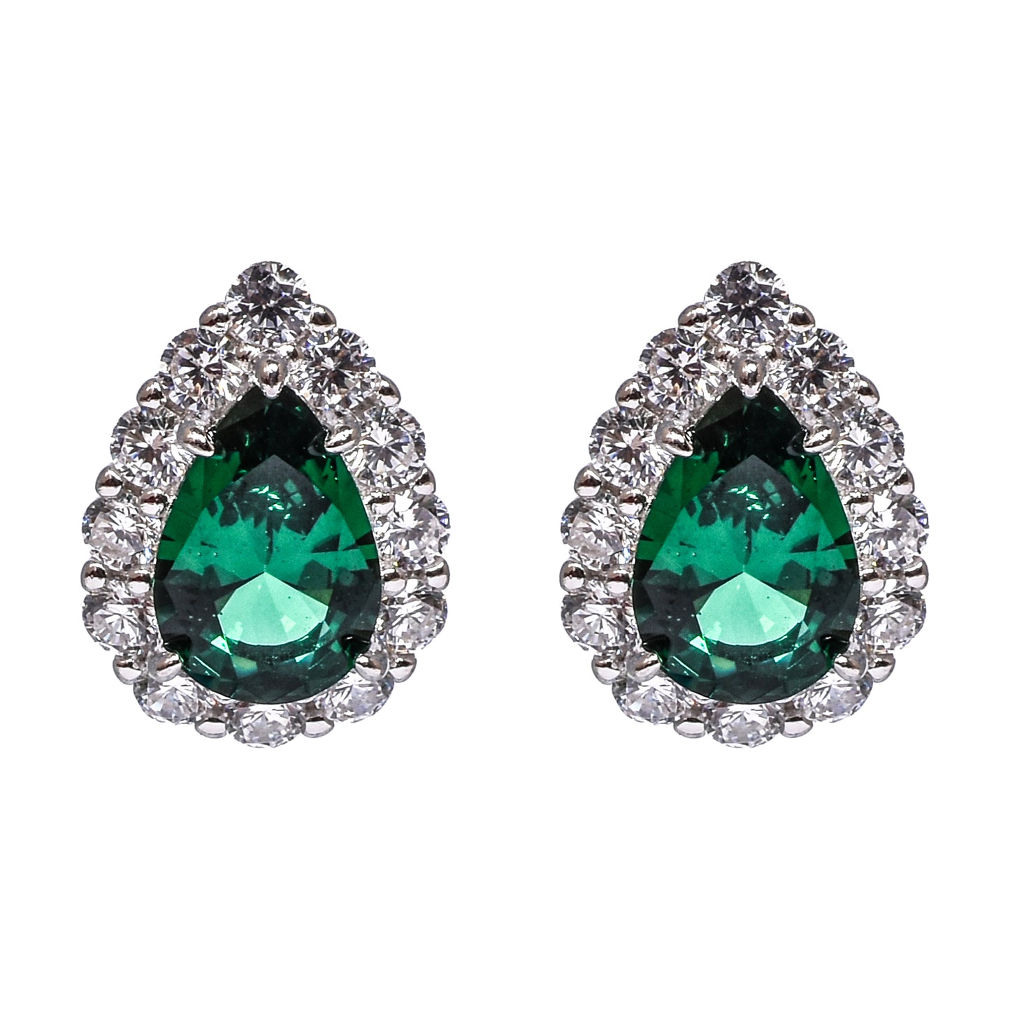Women’s Silver Pendant Set – Green Teardrop Gemstone with Pavé Halo (Pendant 2.25 cm, Earrings 1.5 cm)