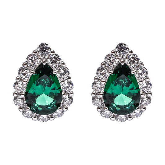 Women’s Silver Pendant Set – Green Teardrop Gemstone with Pavé Halo (Pendant 2.25 cm, Earrings 1.5 cm)