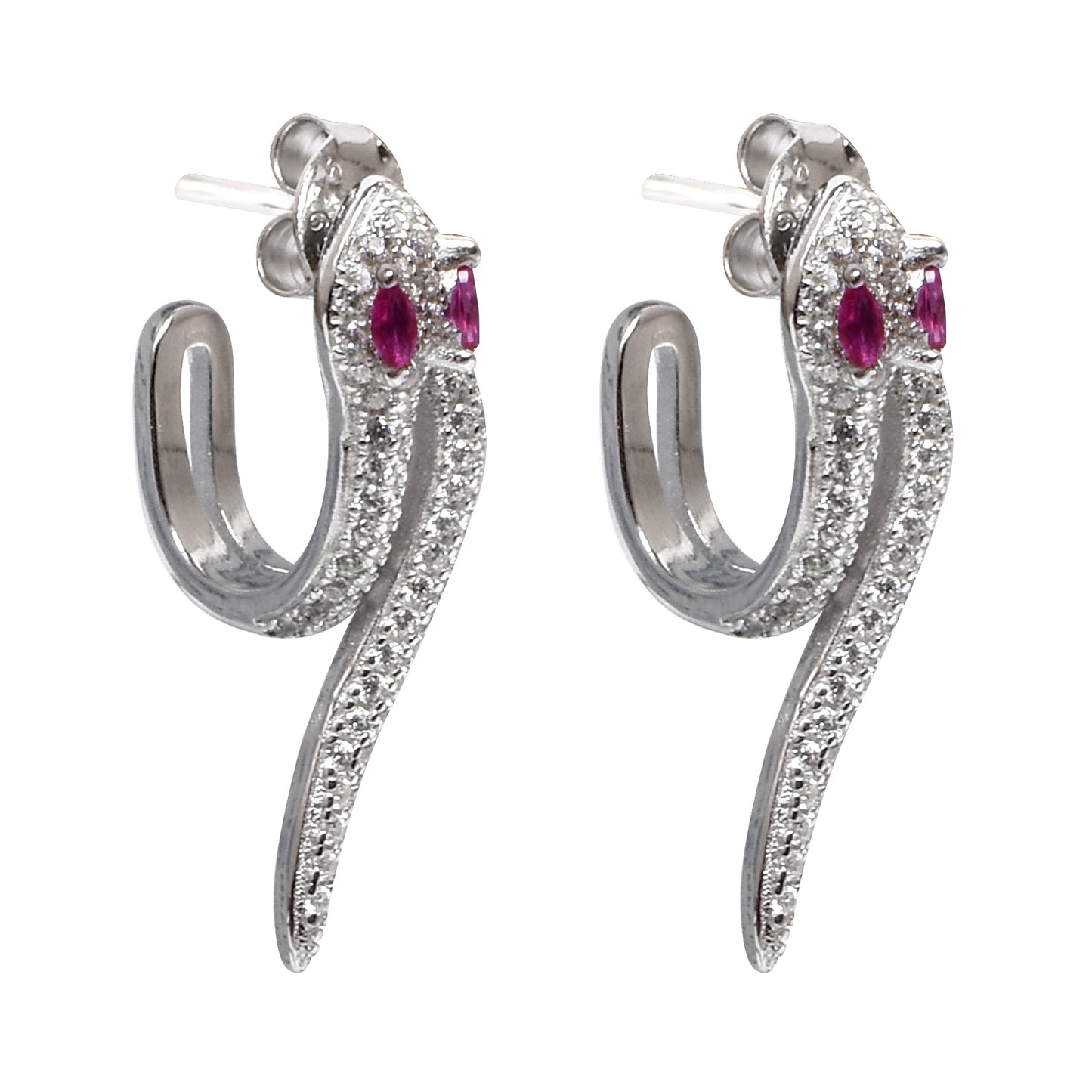 Silver Snake Earrings – Crystal Body & Pink Gem Eyes (Size 2.5 cm)