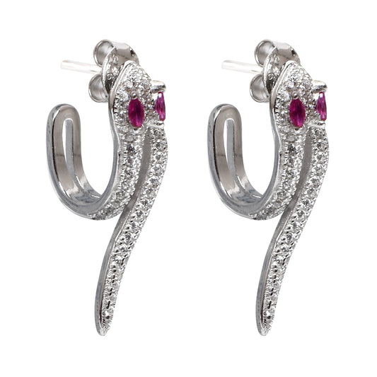Silver Snake Earrings – Crystal Body & Pink Gem Eyes (Size 2.5 cm)