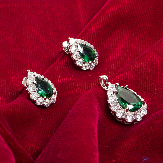 Women’s Silver Pendant Set – Green Teardrop Gemstone with Pavé Halo (Pendant 2.25 cm, Earrings 1.5 cm)
