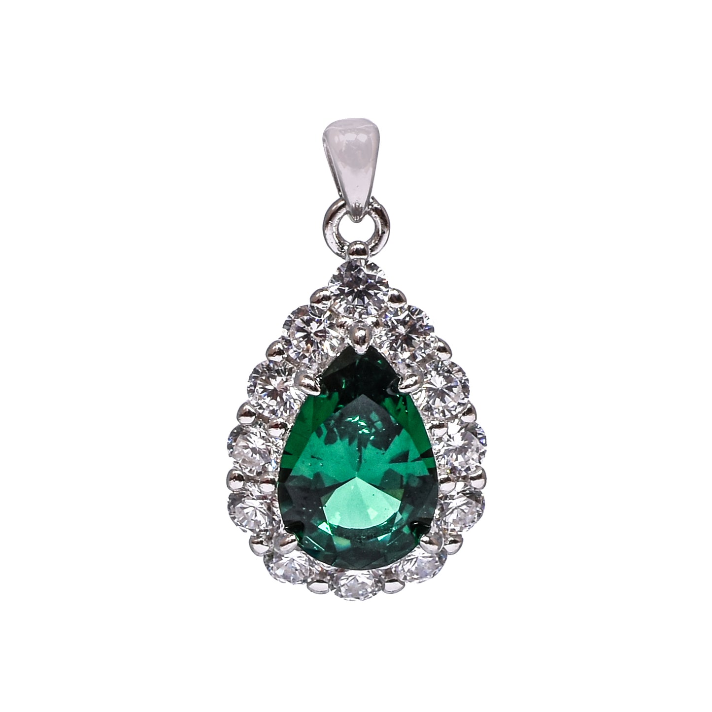Women’s Silver Pendant Set – Green Teardrop Gemstone with Pavé Halo (Pendant 2.25 cm, Earrings 1.5 cm)