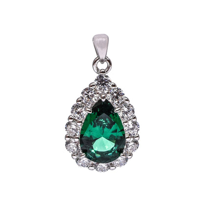 Women’s Silver Pendant Set – Green Teardrop Gemstone with Pavé Halo (Pendant 2.25 cm, Earrings 1.5 cm)