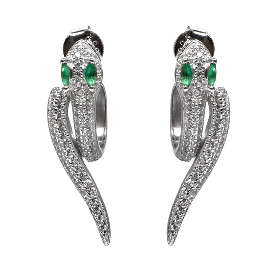 Women’s Silver Earrings – Serpent Motif with Green Eyes & Pavé Accents (Size 2.5 cm)