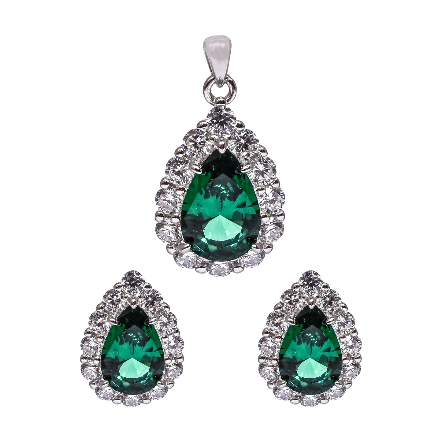 Women’s Silver Pendant Set – Green Teardrop Gemstone with Pavé Halo (Pendant 2.25 cm, Earrings 1.5 cm)