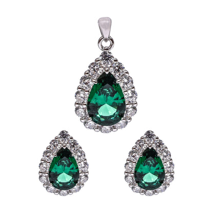 Women’s Silver Pendant Set – Green Teardrop Gemstone with Pavé Halo (Pendant 2.25 cm, Earrings 1.5 cm)