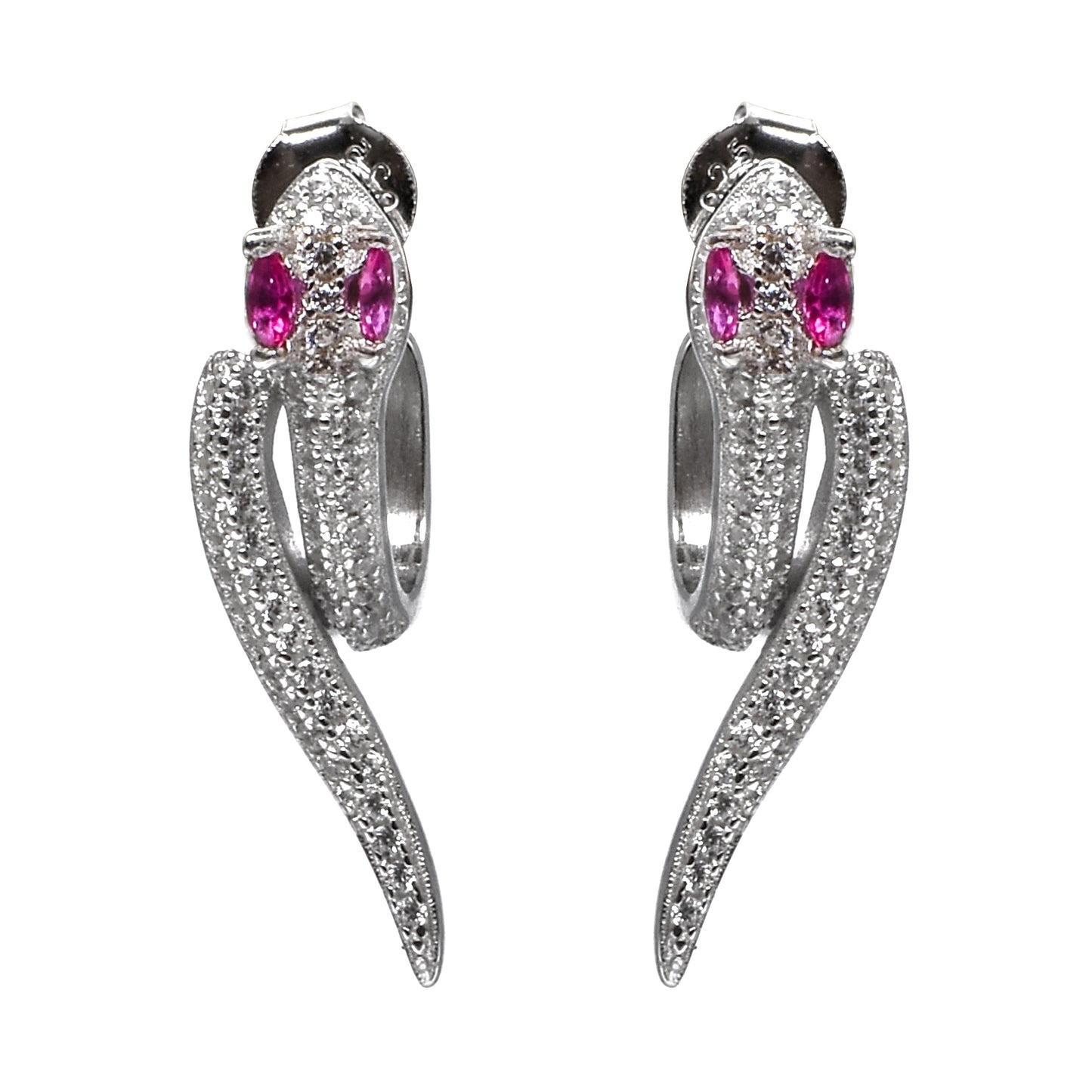 Silver Snake Earrings – Crystal Body & Pink Gem Eyes (Size 2.5 cm)
