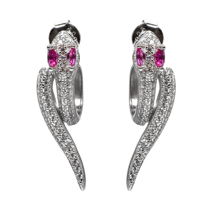 Silver Snake Earrings – Crystal Body & Pink Gem Eyes (Size 2.5 cm)