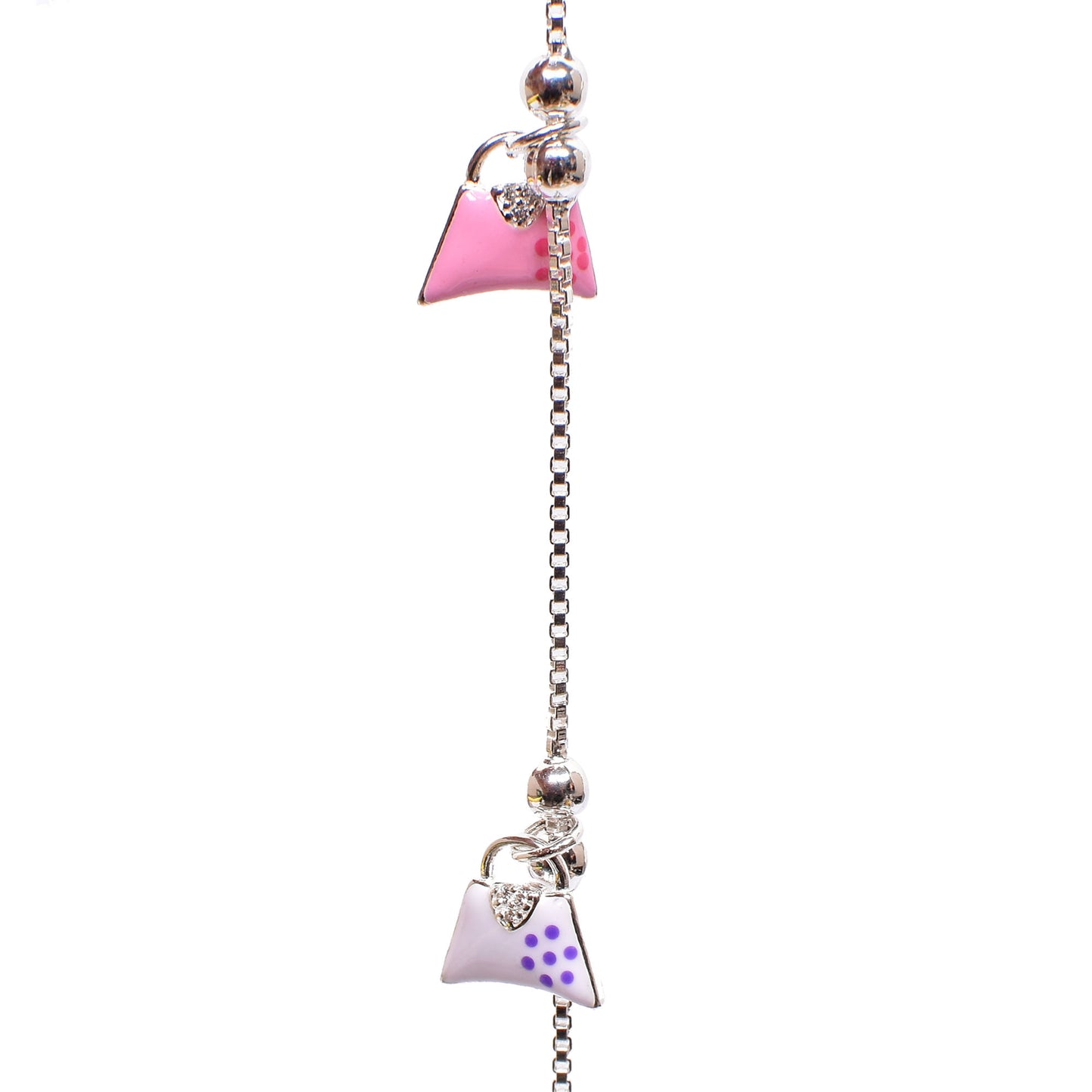 Kids Silver Charm Anklet – Pink & Mauve Handbag Design (17 cm)