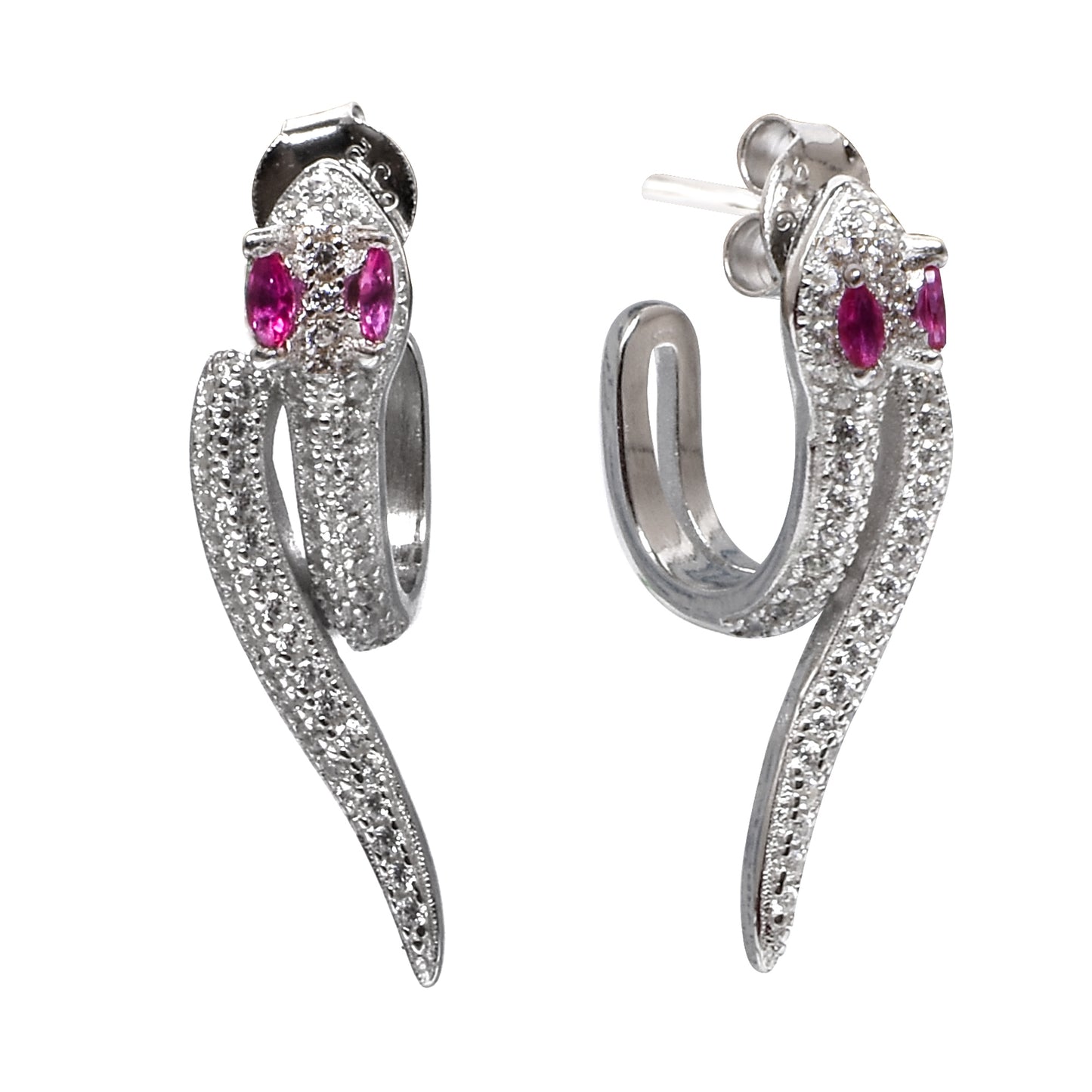 Silver Snake Earrings – Crystal Body & Pink Gem Eyes (Size 2.5 cm)