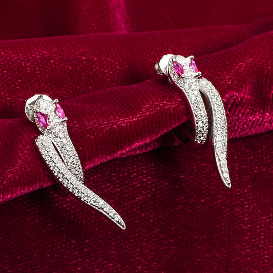 Silver Snake Earrings – Crystal Body & Pink Gem Eyes (Size 2.5 cm)