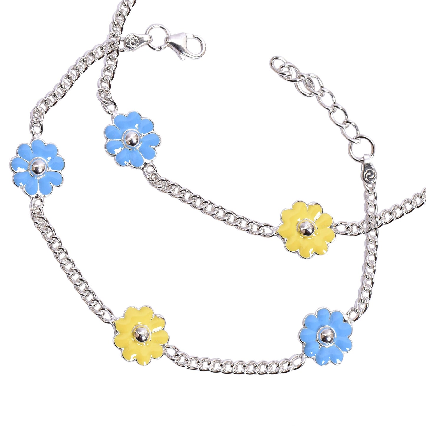 Kids Silver Charm Anklet – Blue & Yellow Flower Design (17 cm)