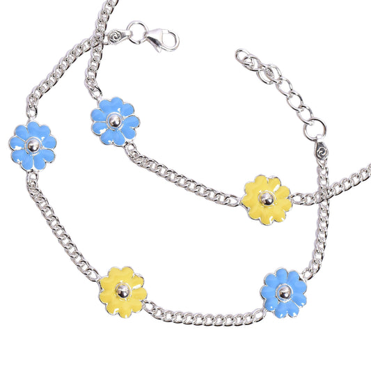 Kids Silver Charm Anklet – Blue & Yellow Flower Design (17 cm)