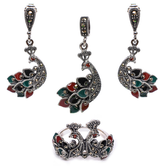 🦚 Peacock Motif Pendant Set with Ring