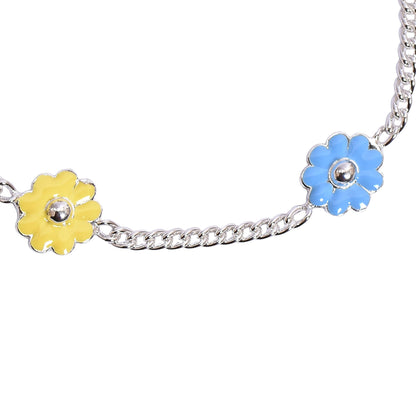 Kids Silver Charm Anklet – Blue & Yellow Flower Design (17 cm)