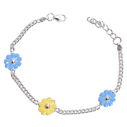 Kids Silver Charm Anklet – Blue & Yellow Flower Design (17 cm)