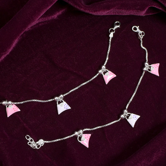 Kids Silver Charm Anklet – Pink & Mauve Handbag Design (17 cm)