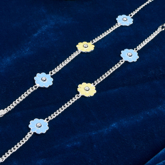 Kids Silver Charm Anklet – Blue & Yellow Flower Design (17 cm)