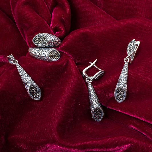 Women’s Silver Pendant Set with Ring – Marcasite Teardrop Motif