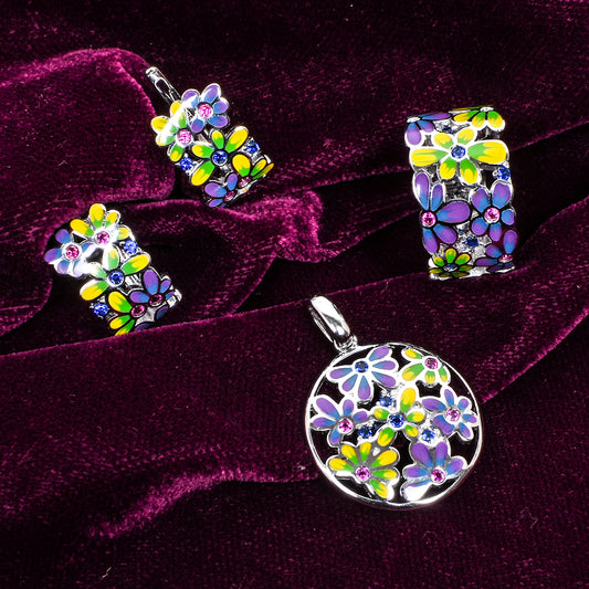 Multicolour Floral Jewellery Set –Pendant, Earrings & Ring