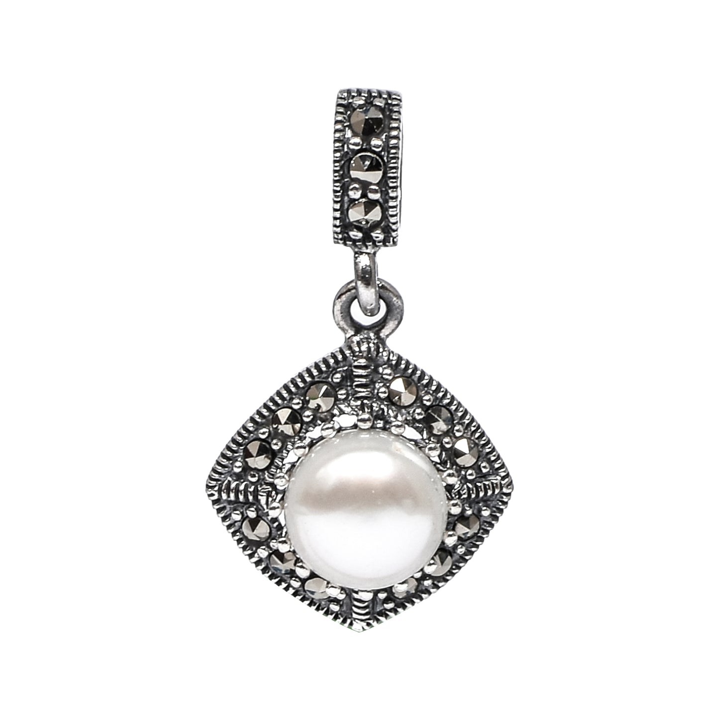 Women’s Silver Pendant Set with Ring – Pearl & Marcasite Square Motif