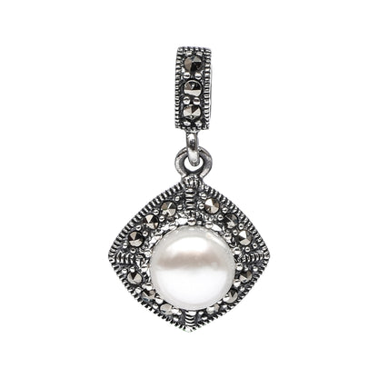 Women’s Silver Pendant Set with Ring – Pearl & Marcasite Square Motif